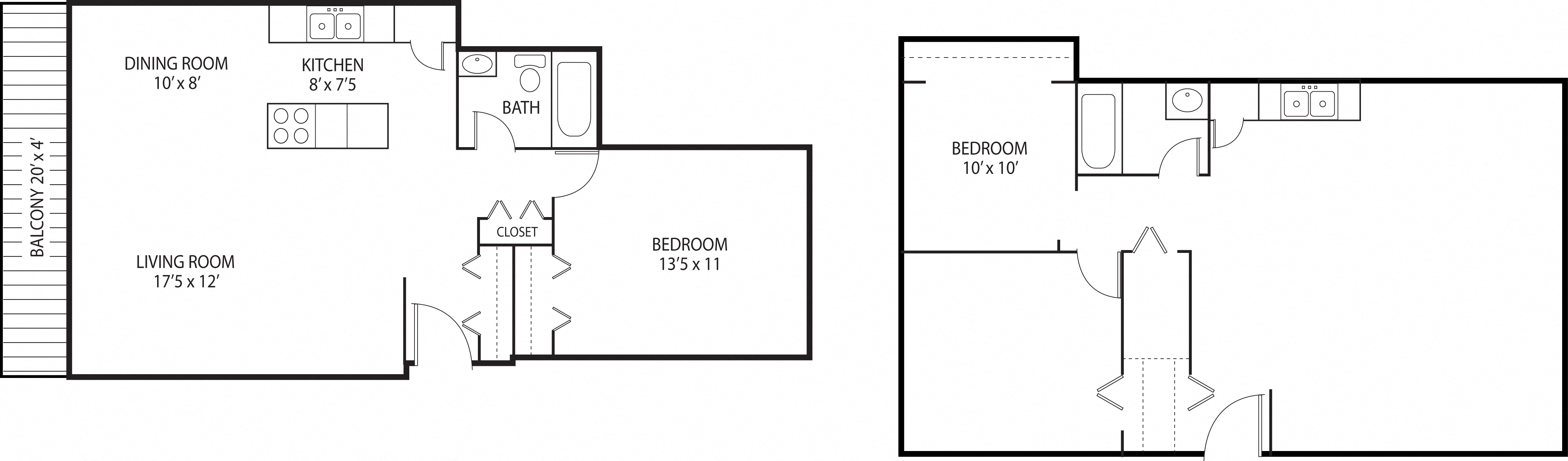 Floor plan for 1 bed, 1 bath, 750 sqft
