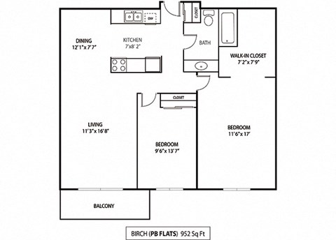Floor plan for 2 beds, 1 bath, 952 sqft