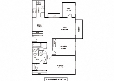 Floor plan for 3 beds, 2 baths, 1264 sqft