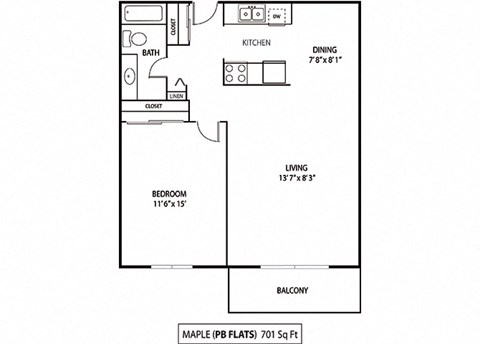 Floor plan for 1 bed, 1 bath, 701 sqft