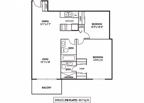 Floor plan for 1 bed, 2 baths, 957 sqft