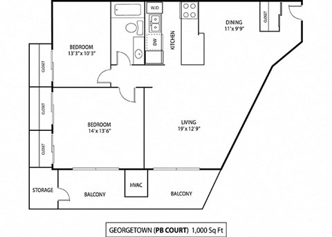 Floor plan for 2 beds, 1 bath, 1000 sqft
