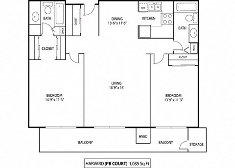Floor plan for 2 beds, 2 baths, 1020 sqft
