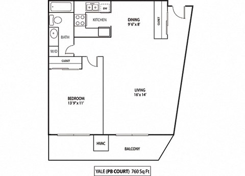 Floor plan for 1 bed, 1 bath, 760 sqft