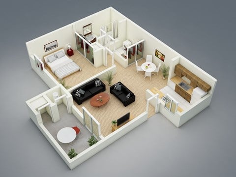 Floor plan for 1 bed, 1 bath, 701 sqft