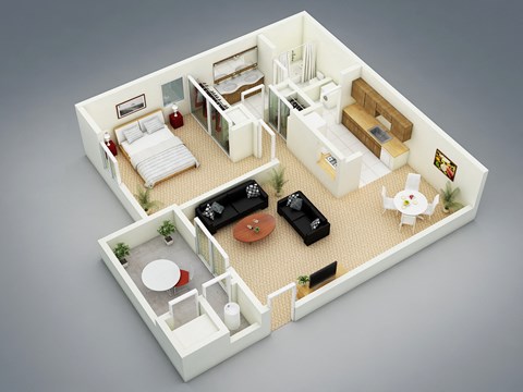 Floor plan for 1 bed, 1 bath, 701 sqft