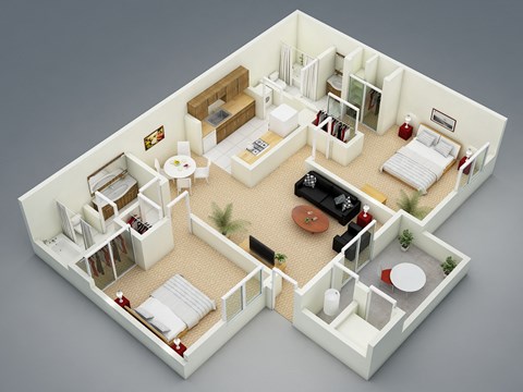 Floor plan for 2 beds, 2 baths, 901 sqft