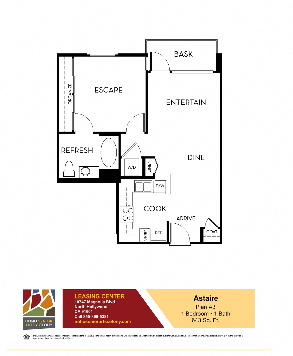Floor plan for 1 bed, 1 bath, 643 sqft