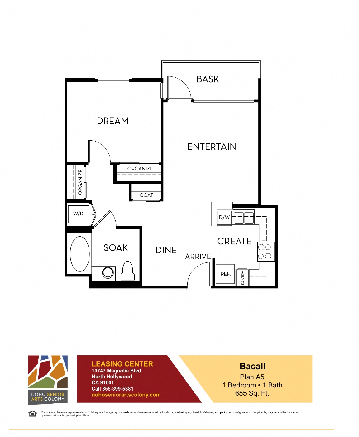 Floor plan for 1 bed, 1 bath, 655 sqft