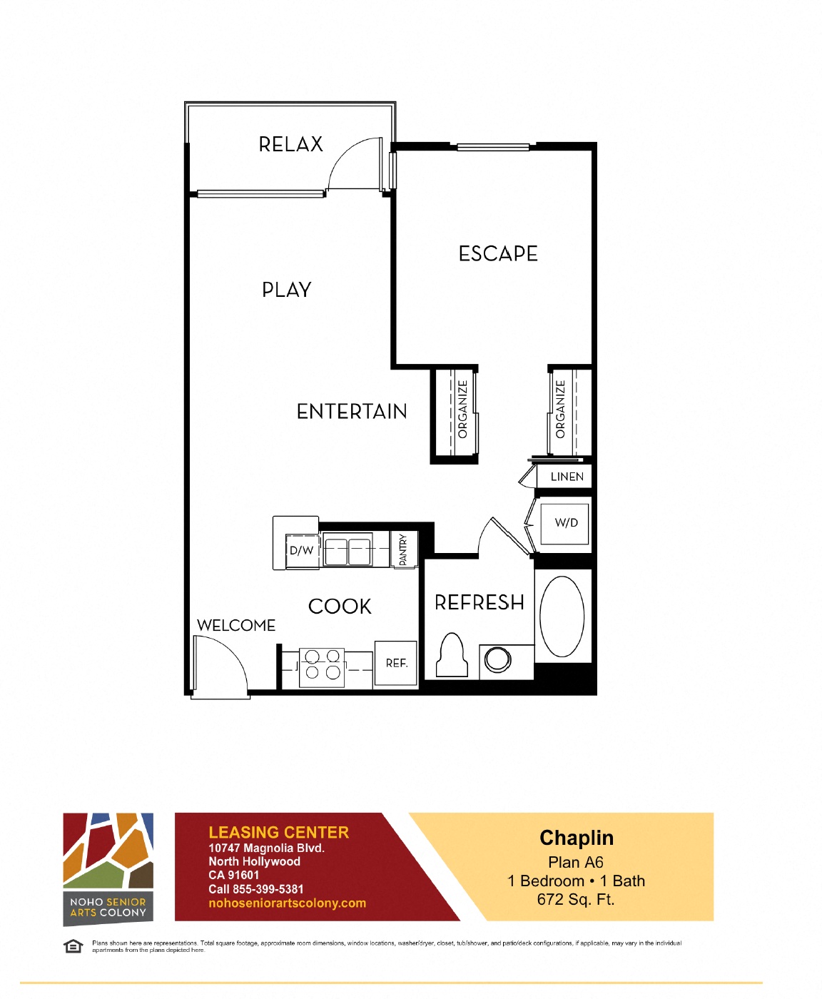 Floor plan for 1 bed, 1 bath, 672 sqft