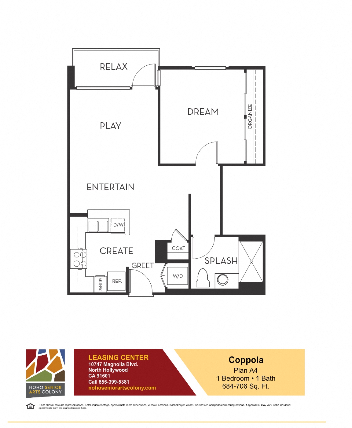 Floor plan for 1 bed, 1 bath, 706 sqft