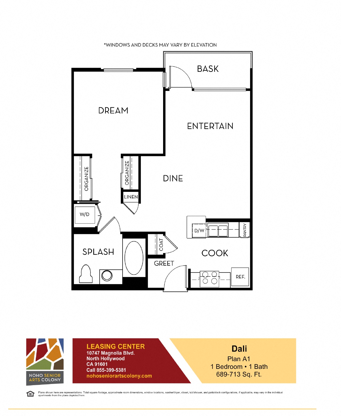 Floor plan for 1 bed, 1 bath, 713 sqft
