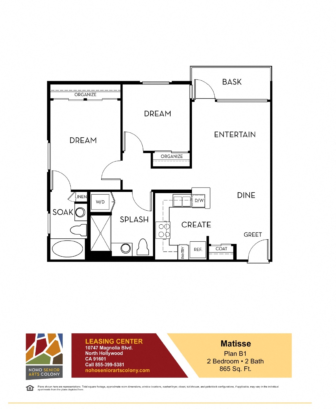 Floor plan for 2 beds, 2 baths, 865 sqft
