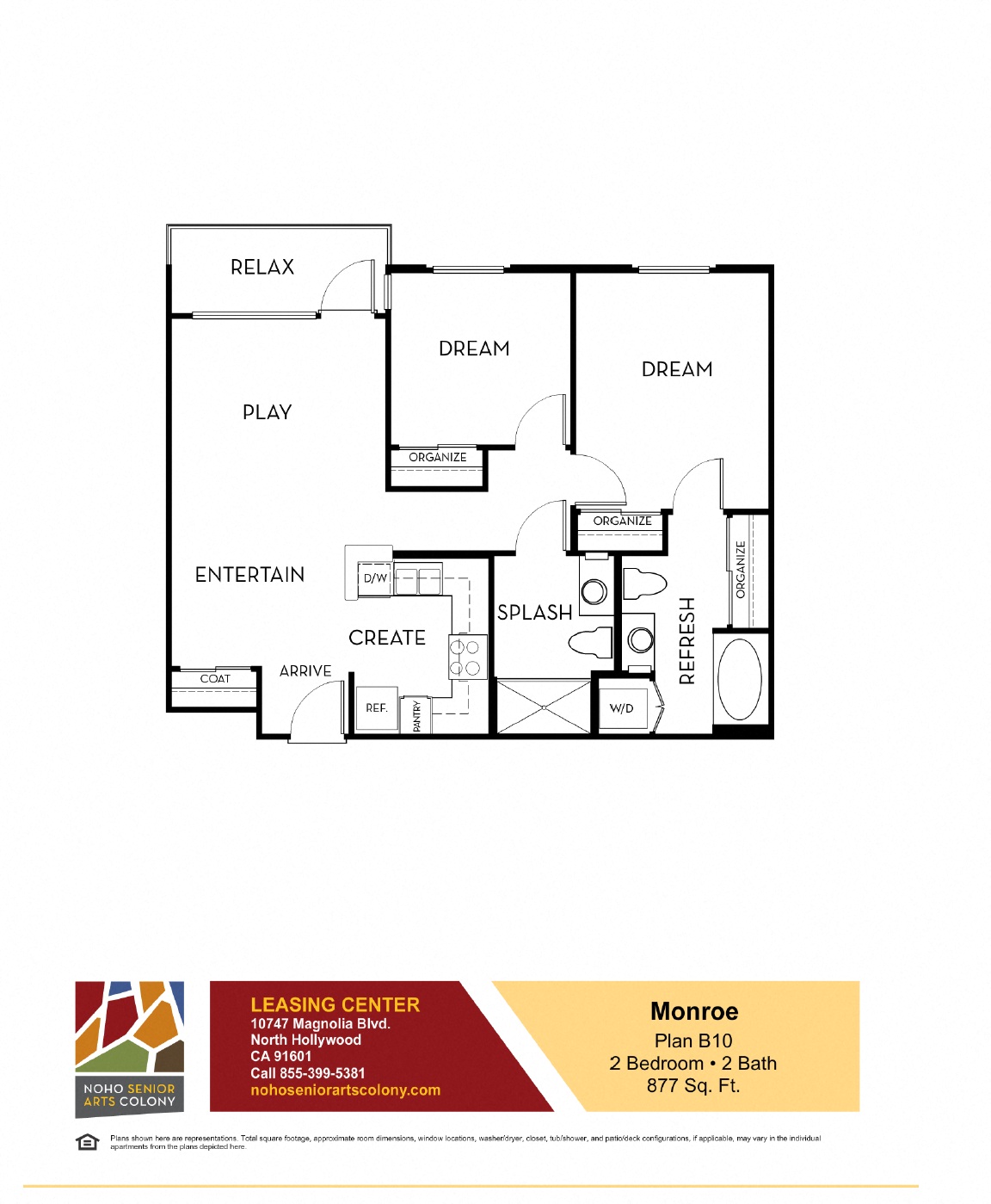 Floor plan for 2 beds, 2 baths, 877 sqft