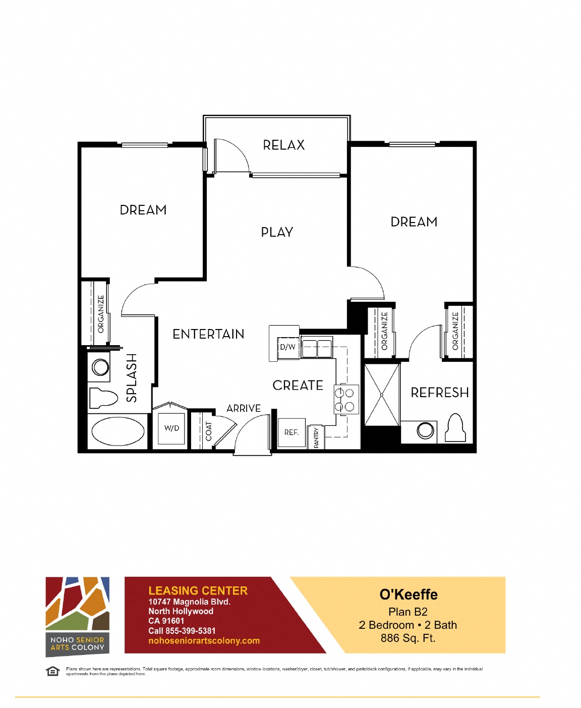 Floor plan for 2 beds, 2 baths, 886 sqft