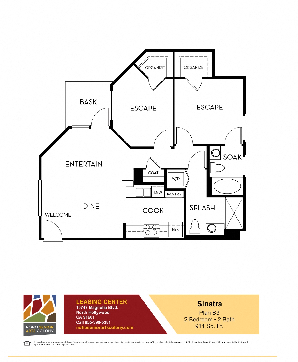 Floor plan for 2 beds, 2 baths, 911 sqft