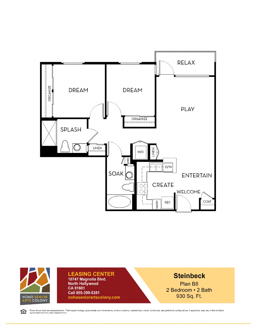Floor plan for 2 beds, 2 baths, 986 sqft
