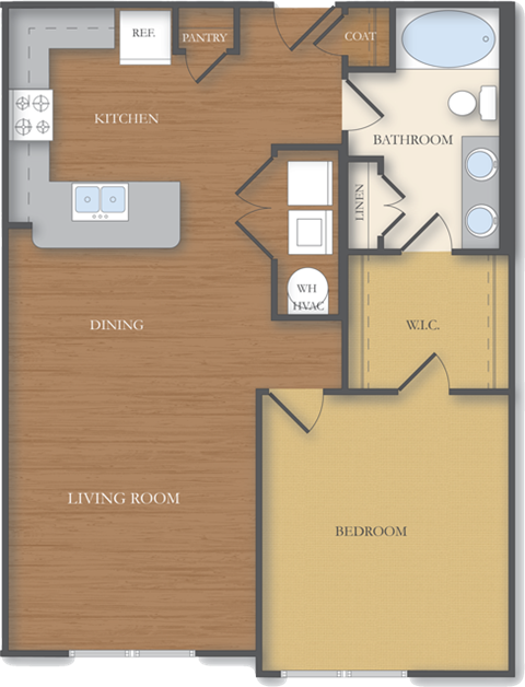 Floor plan for 1 bed, 1 bath, 815 sqft