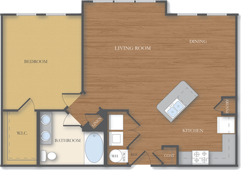 Floor plan for 1 bed, 1 bath, 866 sqft