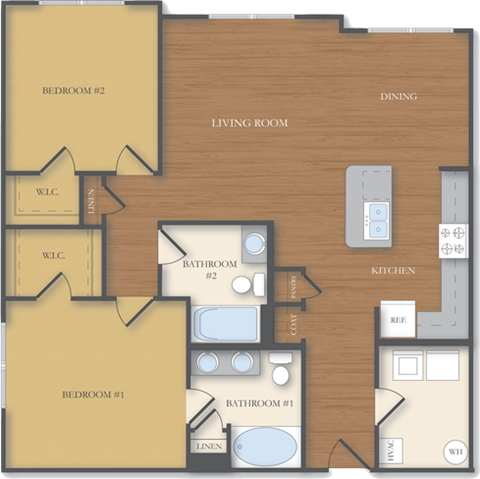 Floor plan for 2 beds, 2 baths, 1124 sqft