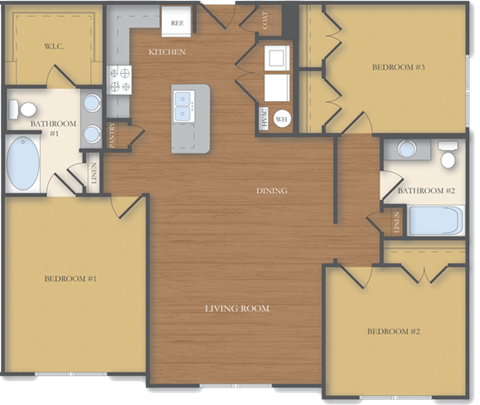 Floor plan for 3 beds, 2 baths, 1320 sqft