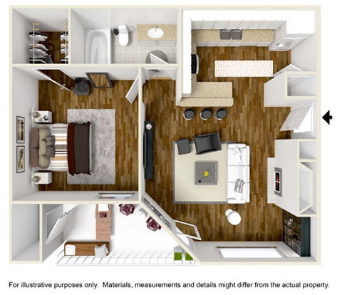 Floor plan for 1 bed, 1 bath, 565 sqft