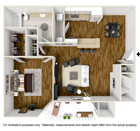 Floor plan for 1 bed, 1 bath, 737 sqft