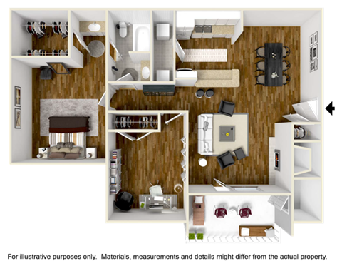 Floor plan for 2 beds, 1 bath, 858 sqft