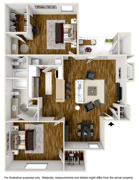 Floor plan for 2 beds, 2 baths, 981 sqft
