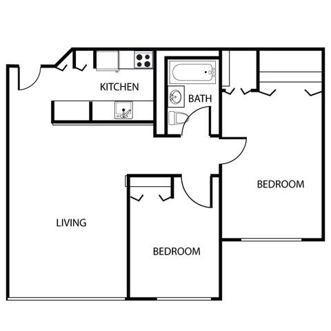 Floor plan for 2 beds, 1 bath, 621 sqft