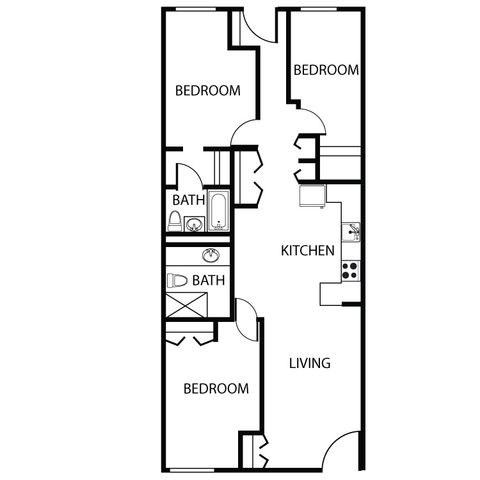 Floor plan for 3 beds, 1.5 baths, 1336 sqft