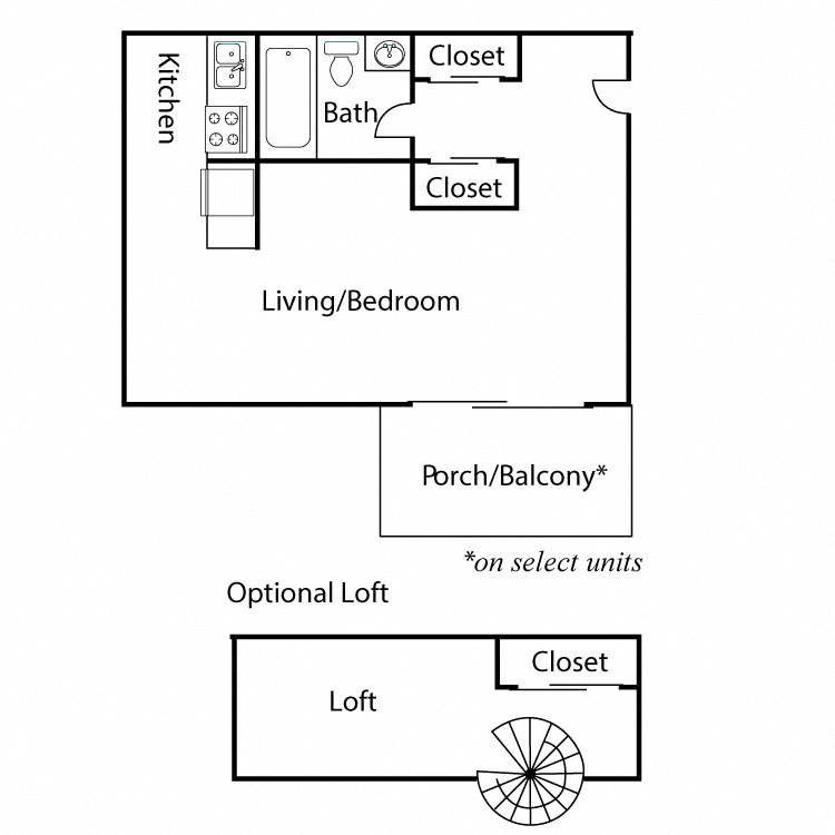 Floor plan for 1 bed, 1 bath, 625 sqft