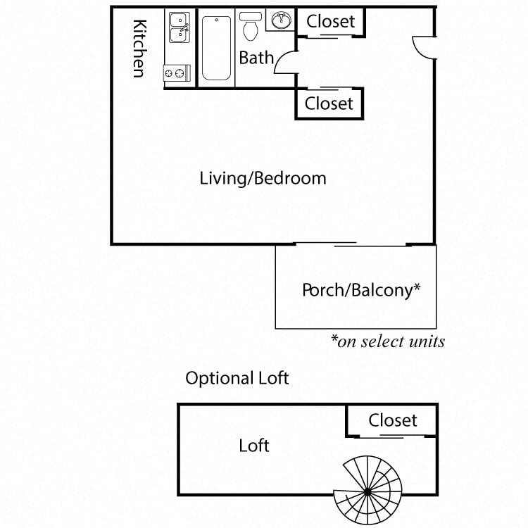 Floor plan for studio, 1 bath, 530 sqft