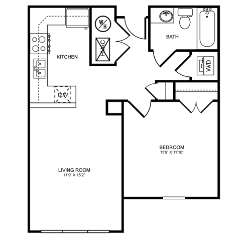 Floor plan for 1 bed, 1 bath, 845 sqft