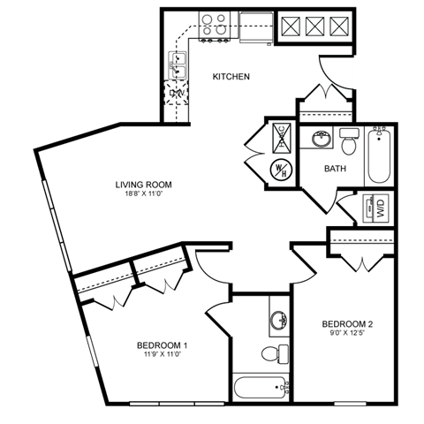 Floor plan for 2 beds, 2 baths, 1043 sqft