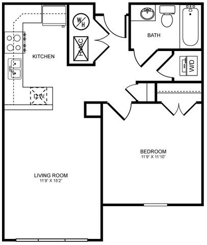 Floor plan for 1 bed, 1 bath, 845 sqft