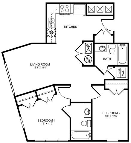 Floor plan for 2 beds, 2 baths, 1043 sqft