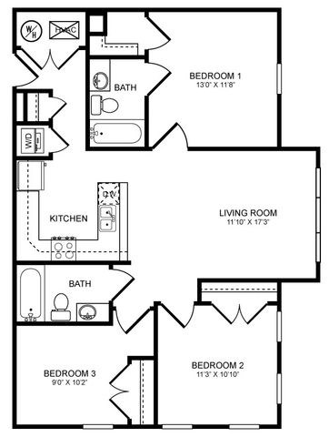 Floor plan for 3 beds, 2 baths, 1125 sqft