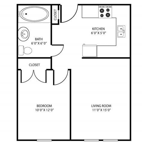 Floor plan for 1 bed, 1 bath, 525 sqft