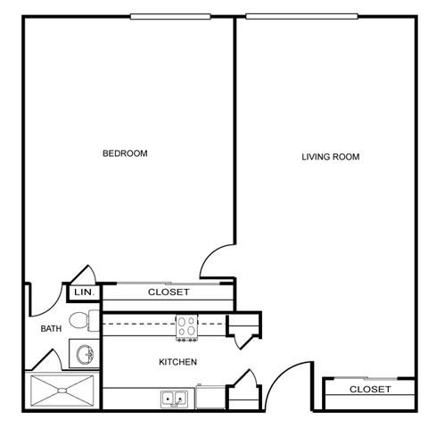 Floor plan for 1 bed, 1 bath, 750 sqft