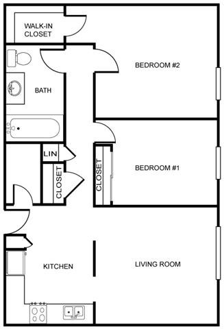 Floor plan for 2 beds, 1 bath, 1000 sqft