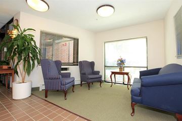 Jamaica Plain apartment for rent - a living room with blue furniture and a plant
