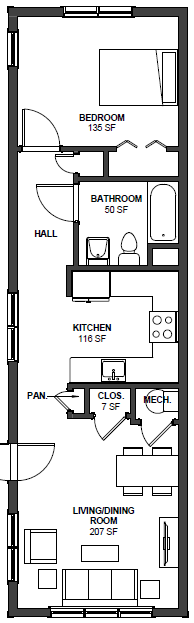 Floor plan for 1 bed, 1 bath, 658 sqft