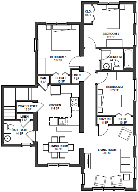 Floor plan for 3 beds, 1.5 baths, 1184 sqft