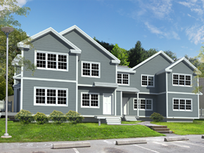 Greenfield apartment for rent - a 3d rendering of a gray house with white windows