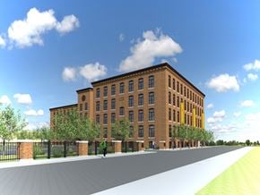 Worcester apartment for rent - a rendering of a large brick building with a street in front of it