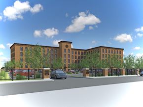 Worcester apartment for rent - a rendering of a large brick building with a parking lot