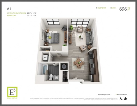 Floor plan for 1 bed, 1 bath, 696 sqft