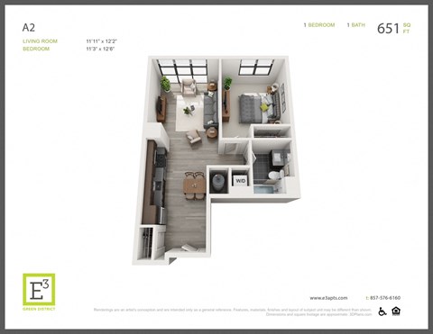 Floor plan for 1 bed, 1 bath, 651 sqft