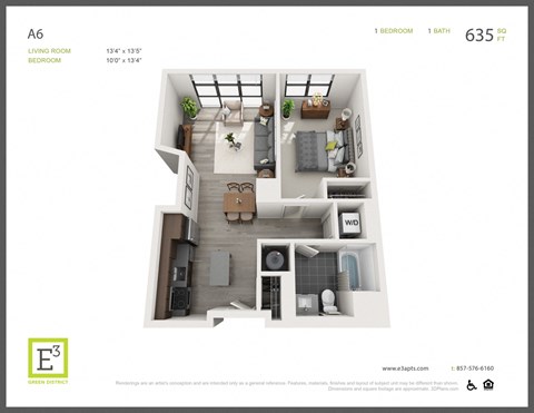 Floor plan for 1 bed, 1 bath, 635 sqft